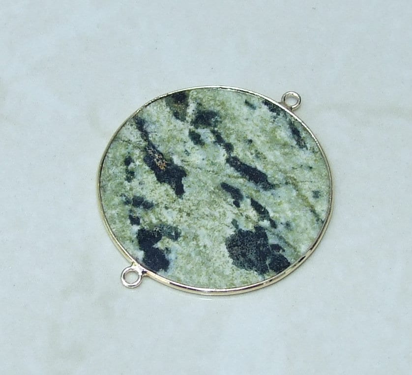 Yellow Green Jasper Connector, Gemstone Pendant, Jasper Slice, Thin Polished Jasper, Round, Gemstone Beads, Gold Bezel, Jasper Beads - 40mm - EDGBeadsandGems