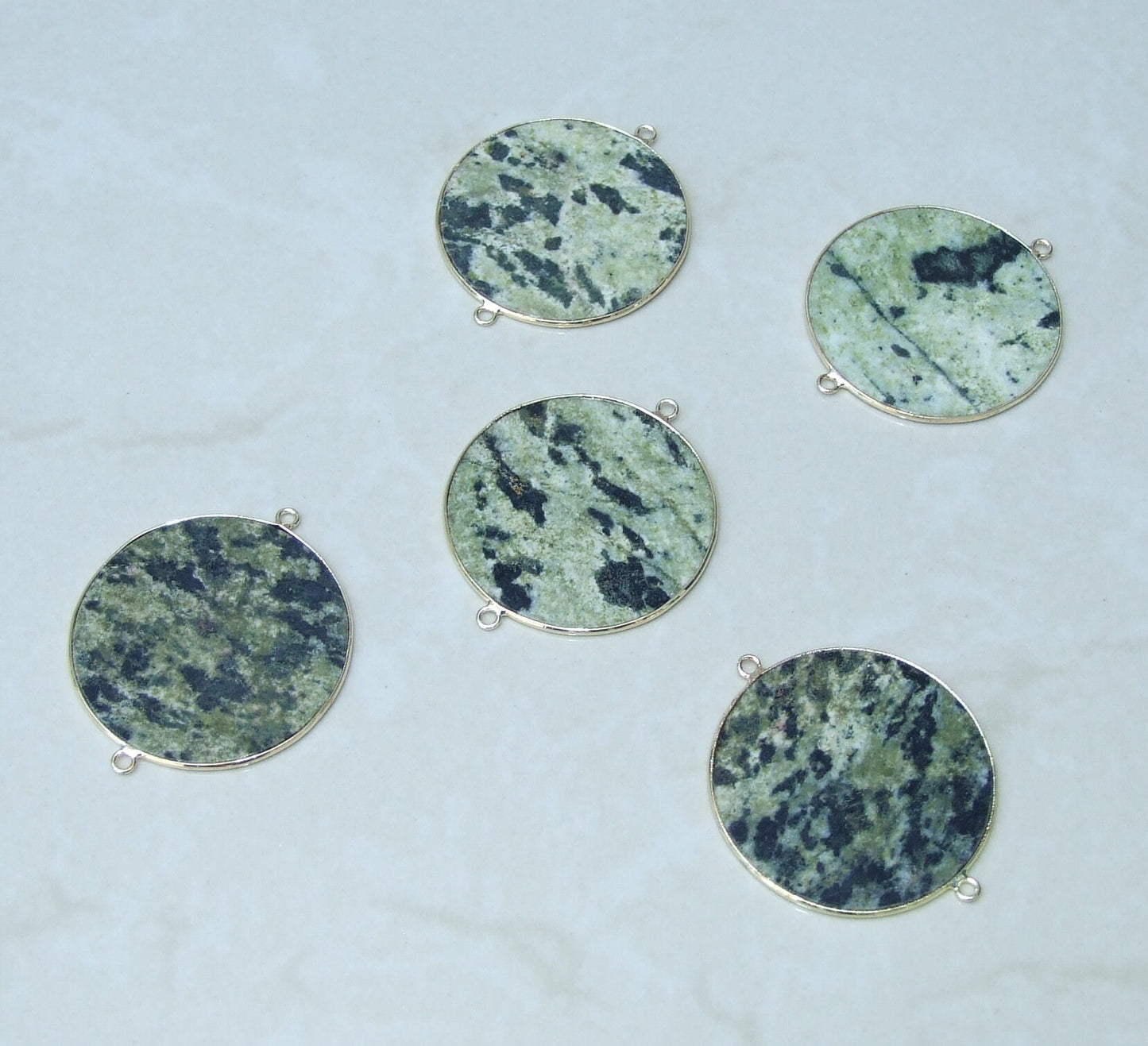 Yellow Green Jasper Connector, Gemstone Pendant, Jasper Slice, Thin Polished Jasper, Round, Gemstone Beads, Gold Bezel, Jasper Beads - 40mm - EDGBeadsandGems