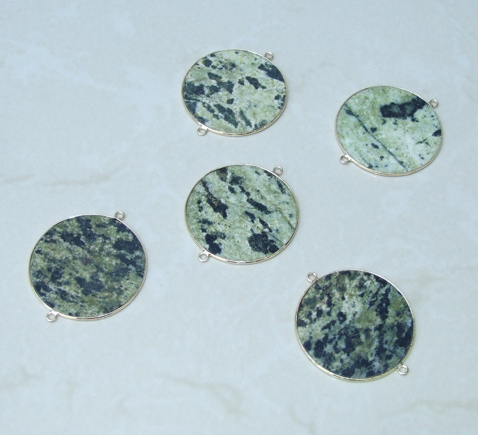 Yellow Green Jasper Connector, Gemstone Pendant, Jasper Slice, Thin Polished Jasper, Round, Gemstone Beads, Gold Bezel, Jasper Beads - 40mm - EDGBeadsandGems