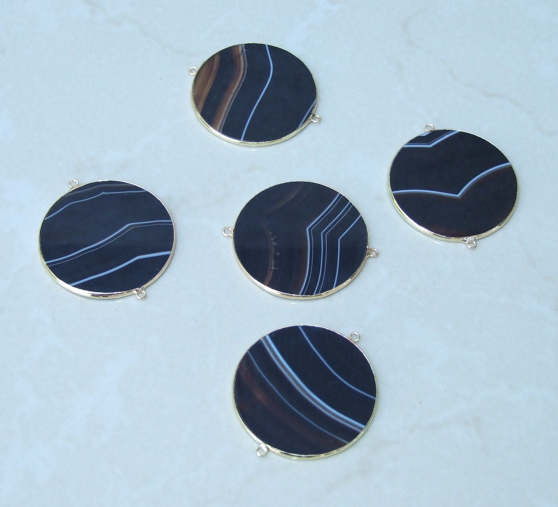 Jet Black Striped Agate Connector, Gemstone Pendant, Thin Slice Pendant, Polished, Round, Gold Bezel, Jewelry Stones, Necklace Pendant, 40mm - EDGBeadsandGems