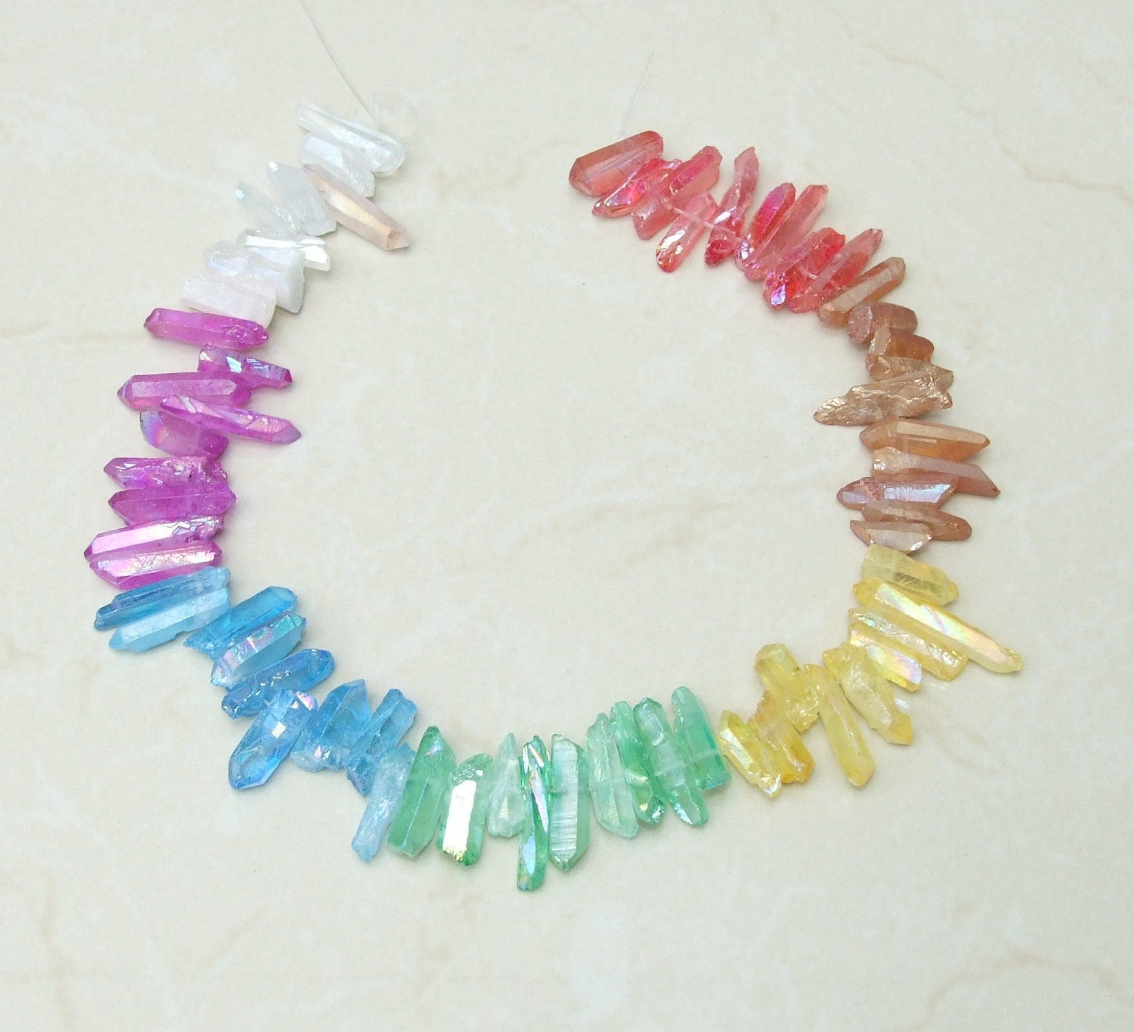 7 Multi-Colored Titanium AB Quartz Points, Gemstone Quartz Points Strand, Raw Quartz Points, Quartz Crystals Points Strand Beads, 15-28mm - EDGBeadsandGems