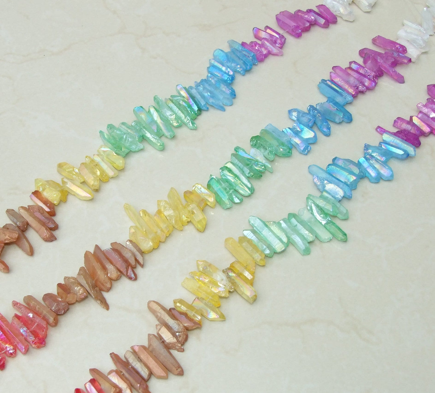 7 Multi-Colored Titanium AB Quartz Points, Gemstone Quartz Points Strand, Raw Quartz Points, Quartz Crystals Points Strand Beads, 15-28mm - EDGBeadsandGems