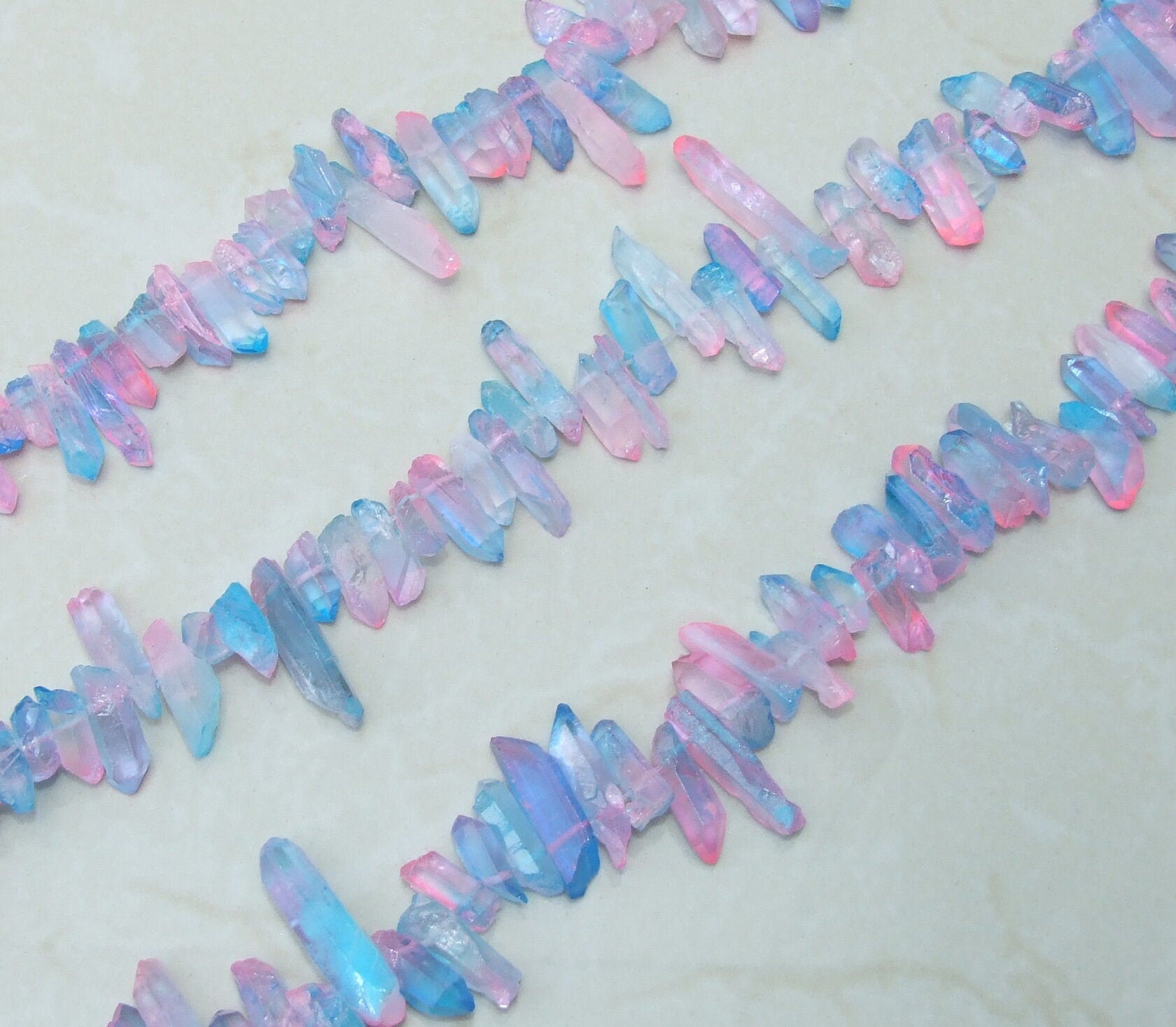 Pink & Blue Quartz Points, Titanium Gemstone Quartz Points Strand, Raw Quartz Points, Quartz Crystals Points Strand Beads, 15-30+mm - EDGBeadsandGems