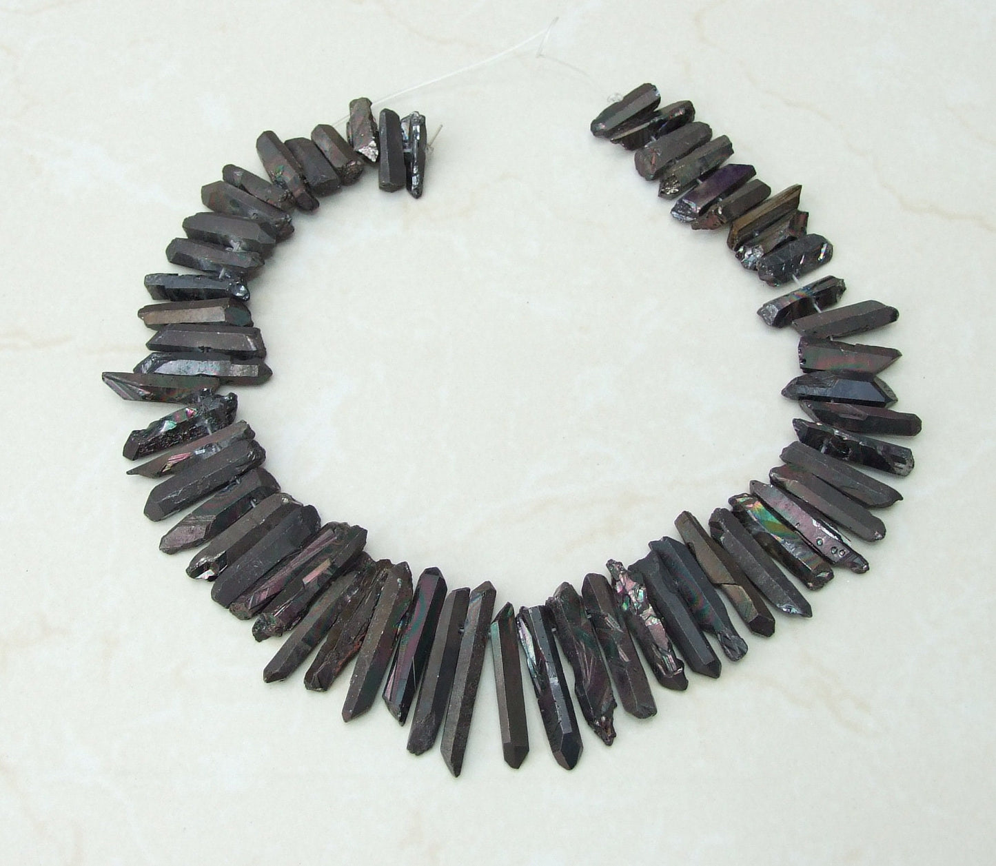 Black Angel Aura Quartz Cluster Point, AB Titanium Quartz Points Strand, Raw Quartz Points Drilled, Quartz Crystals Points Strand of Bead - EDGBeadsandGems