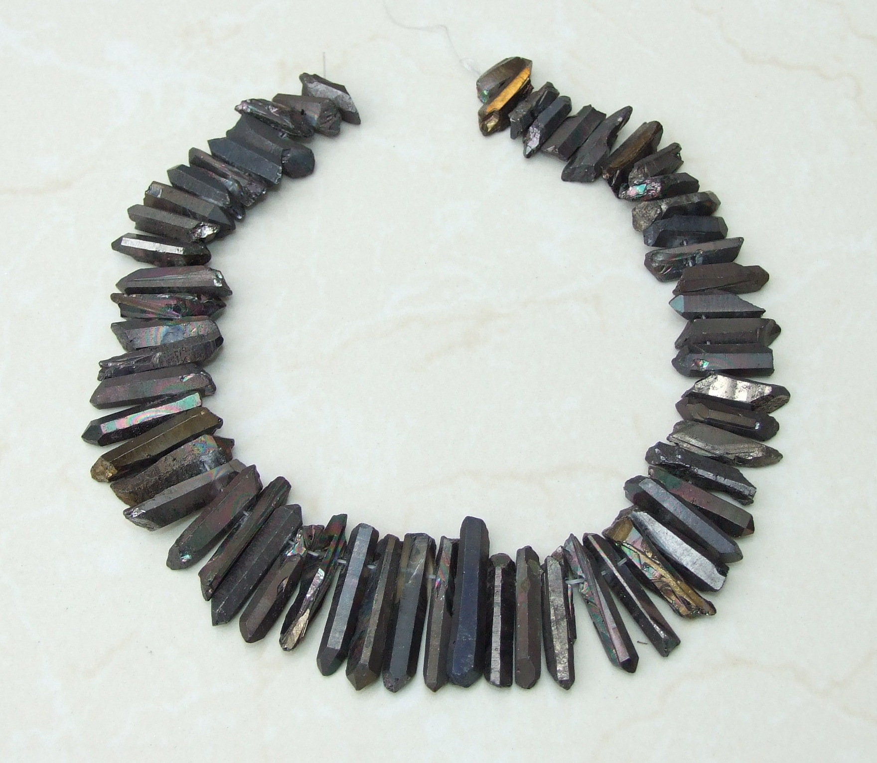 Black Angel Aura Quartz Cluster Point, AB Titanium Quartz Points Strand, Raw Quartz Points Drilled, Quartz Crystals Points Strand of Bead - EDGBeadsandGems