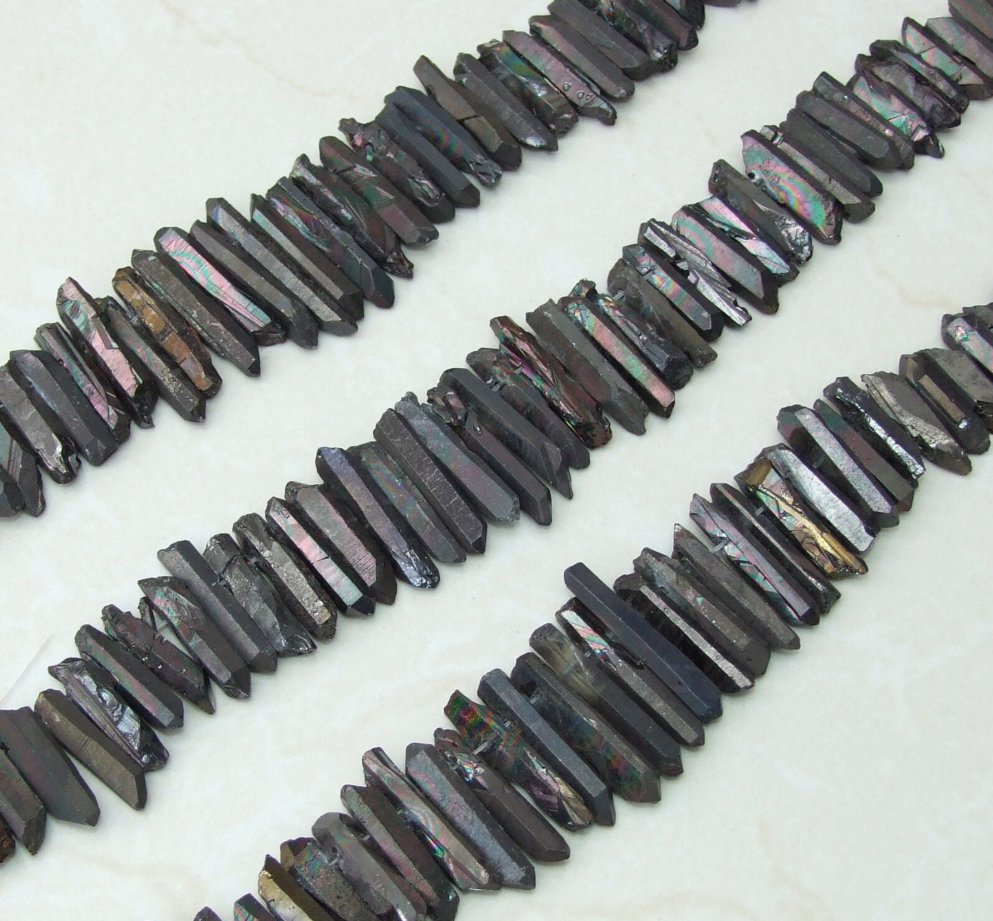Black Angel Aura Quartz Cluster Point, AB Titanium Quartz Points Strand, Raw Quartz Points Drilled, Quartz Crystals Points Strand of Bead - EDGBeadsandGems
