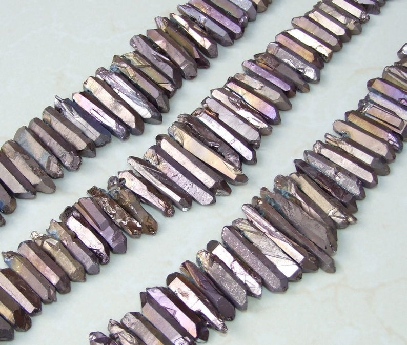 Copper Titanium Quartz Cluster Point, Titanium Quartz Points Strand, Raw Quartz Points Drilled, Quartz Crystals Points Strand Beads, 20-40mm - EDGBeadsandGems