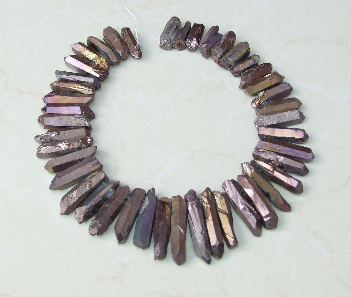 Copper Titanium Quartz Cluster Point, Titanium Quartz Points Strand, Raw Quartz Points Drilled, Quartz Crystals Points Strand Beads, 20-40mm - EDGBeadsandGems