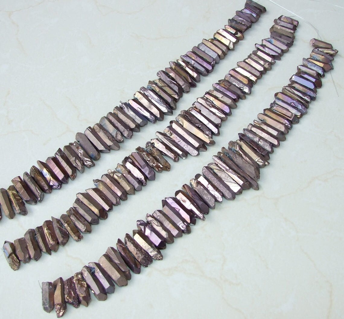 Copper Titanium Quartz Cluster Point, Titanium Quartz Points Strand, Raw Quartz Points Drilled, Quartz Crystals Points Strand Beads, 20-40mm - EDGBeadsandGems