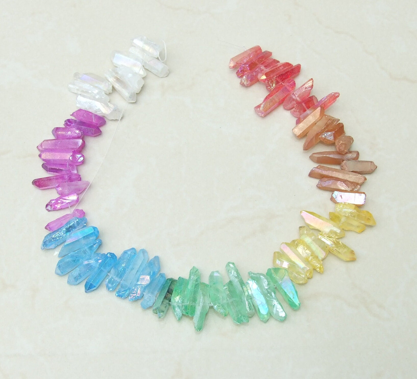 7 Multi-Colored Titanium AB Quartz Points, Gemstone Quartz Points Strand, Raw Quartz Points, Quartz Crystals Points Strand Beads, 15-28mm - EDGBeadsandGems