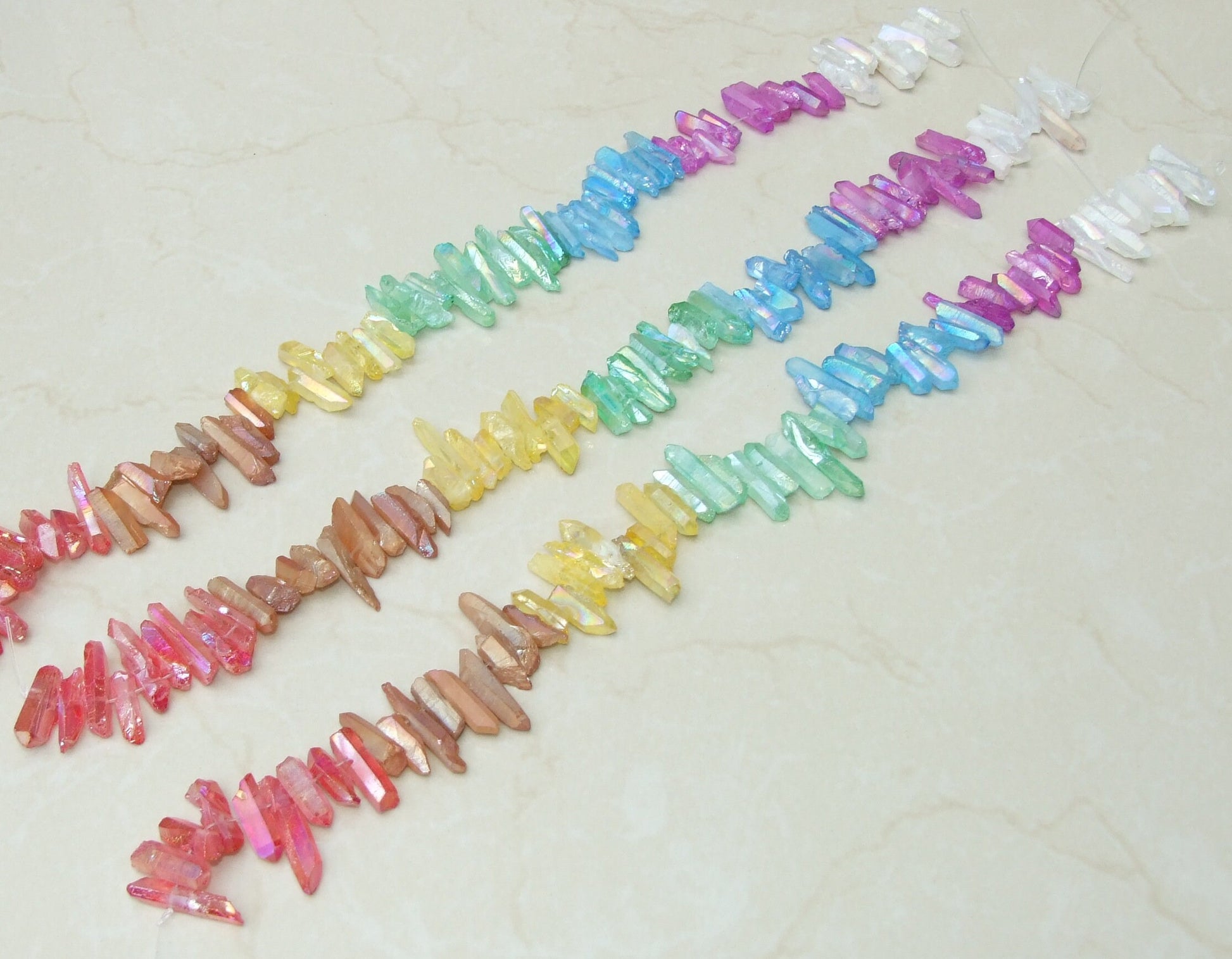 7 Multi-Colored Titanium AB Quartz Points, Gemstone Quartz Points Strand, Raw Quartz Points, Quartz Crystals Points Strand Beads, 15-28mm - EDGBeadsandGems