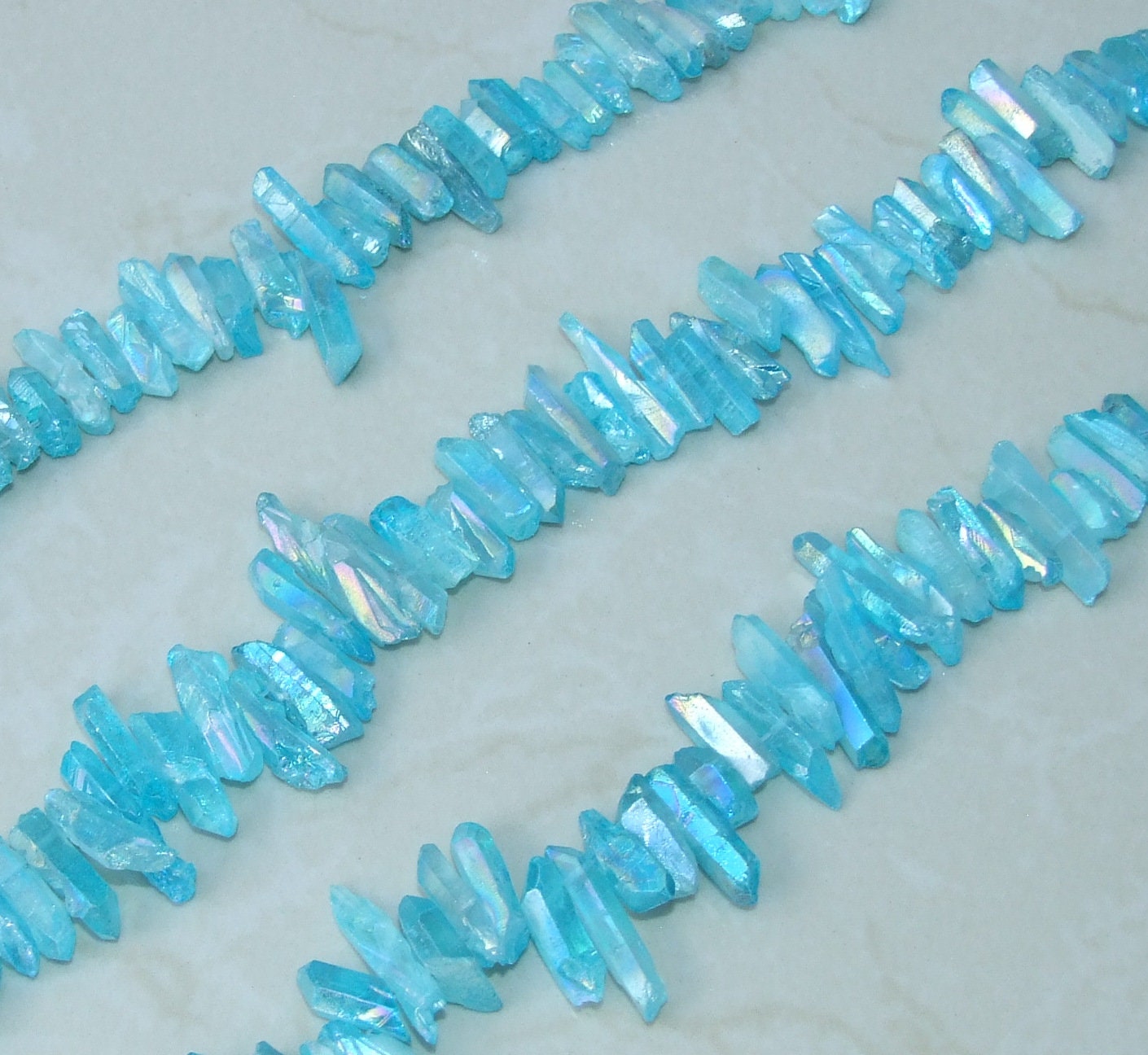 Aqua Blue Aura Quartz Points, Titanium Gemstone Quartz Points Strand, Raw AB Quartz Points, Quartz Crystals Points Strand Beads, 15-30+mm - EDGBeadsandGems