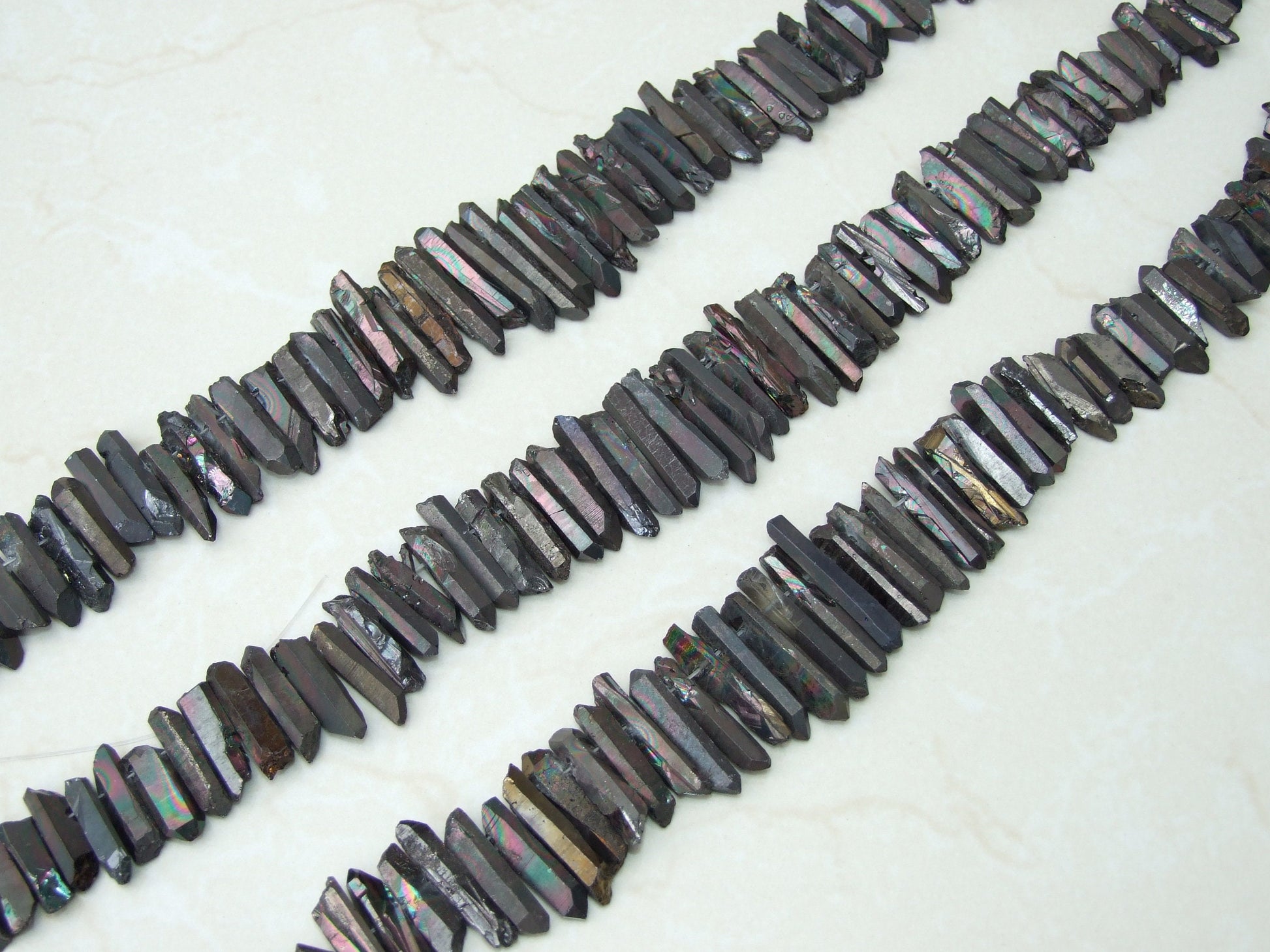 Black Angel Aura Quartz Cluster Point, AB Titanium Quartz Points Strand, Raw Quartz Points Drilled, Quartz Crystals Points Strand of Bead - EDGBeadsandGems