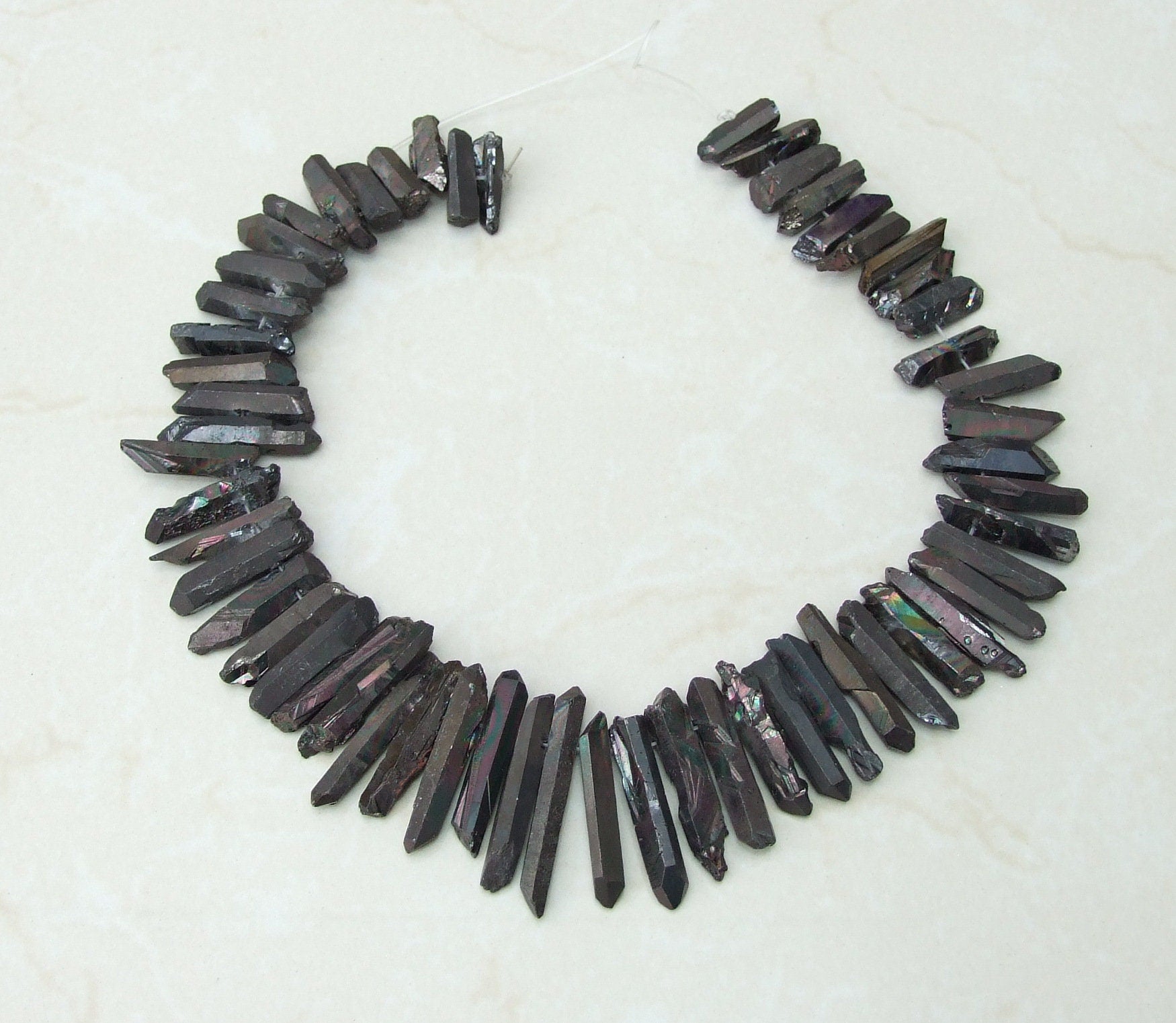 Black AB Titanium Quartz Cluster Point, Titanium Quartz Point Strand, Raw Quartz Points Drilled, Quartz Crystals Points Strand of Beads - EDGBeadsandGems