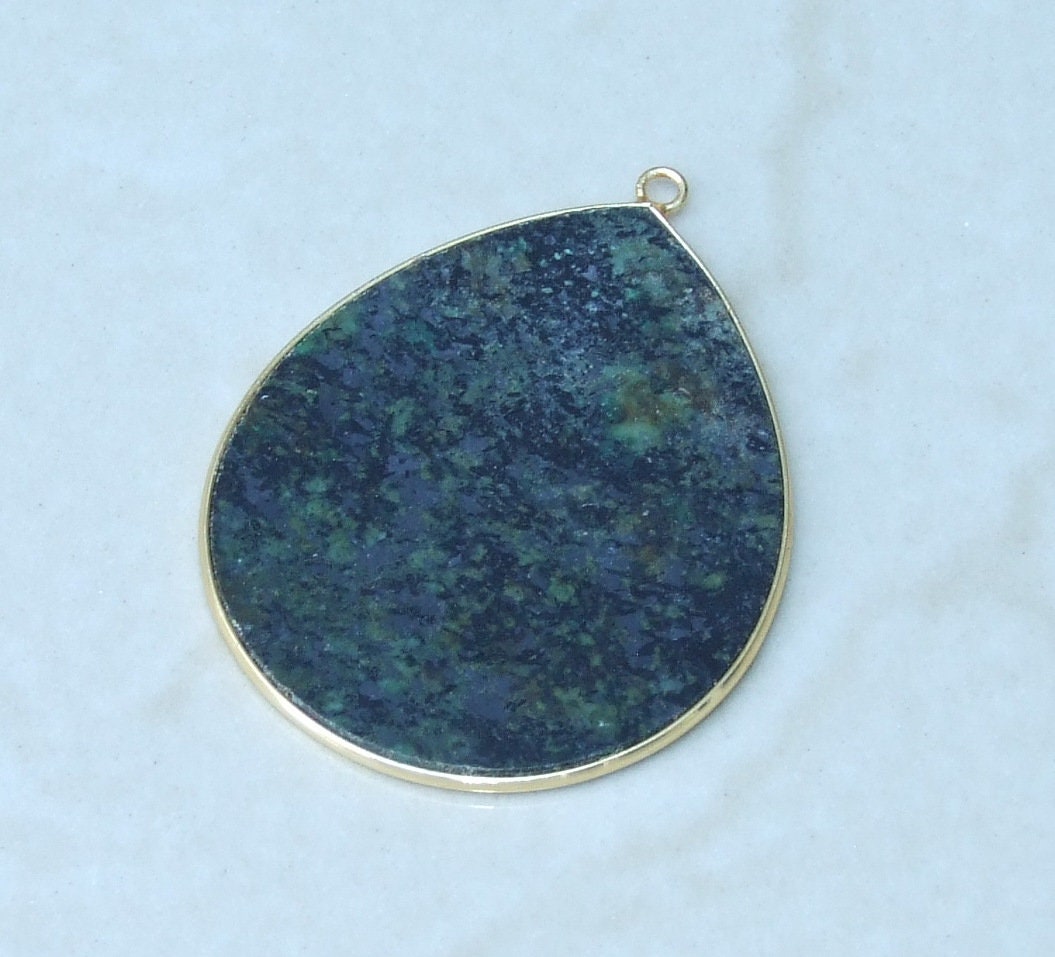 African Turquoise Pendant, Gemstone Pendant, Slice Pendant, Gold Plated Bezel and Bail, Teardrop Pendant, Thin and Polished - 32mm x 38mm - EDGBeadsandGems