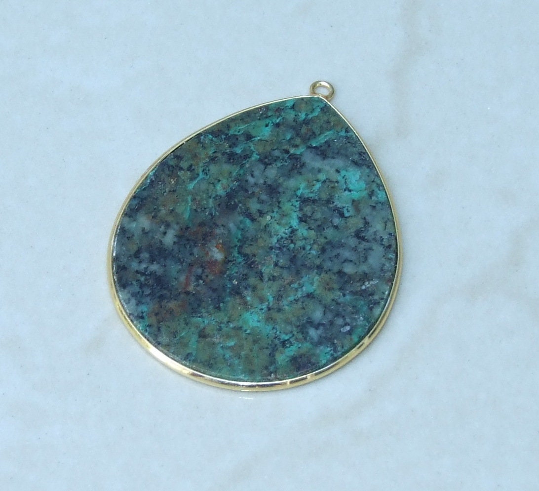 African Turquoise Pendant, Gemstone Pendant, Slice Pendant, Gold Plated Bezel and Bail, Teardrop Pendant, Thin and Polished - 32mm x 38mm - EDGBeadsandGems