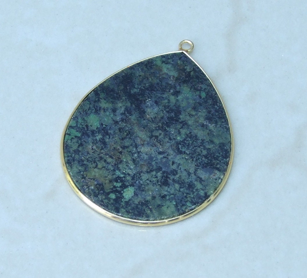 African Turquoise Pendant, Gemstone Pendant, Slice Pendant, Gold Plated Bezel and Bail, Teardrop Pendant, Thin and Polished - 32mm x 38mm - EDGBeadsandGems