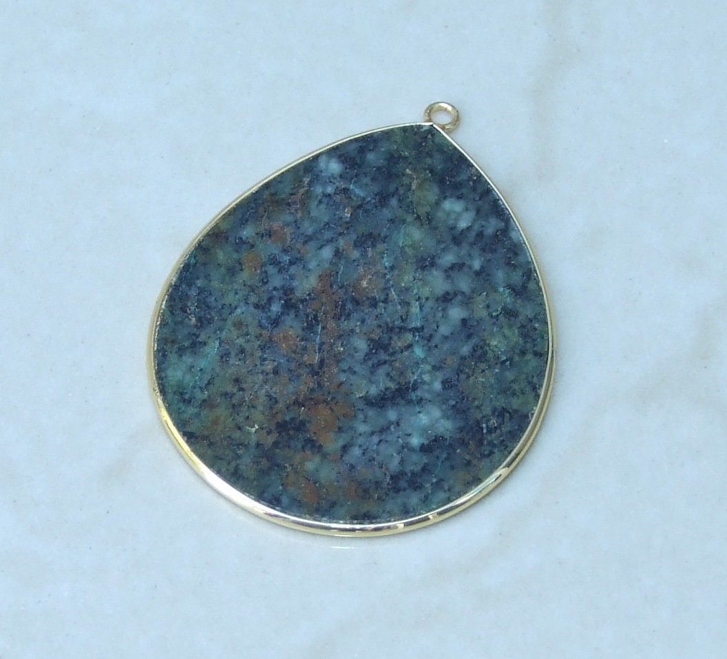 African Turquoise Pendant, Gemstone Pendant, Slice Pendant, Gold Plated Bezel and Bail, Teardrop Pendant, Thin and Polished - 32mm x 38mm - EDGBeadsandGems