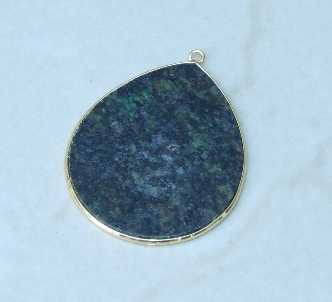 African Turquoise Pendant, Gemstone Pendant, Slice Pendant, Gold Plated Bezel and Bail, Teardrop Pendant, Thin and Polished - 32mm x 38mm - EDGBeadsandGems