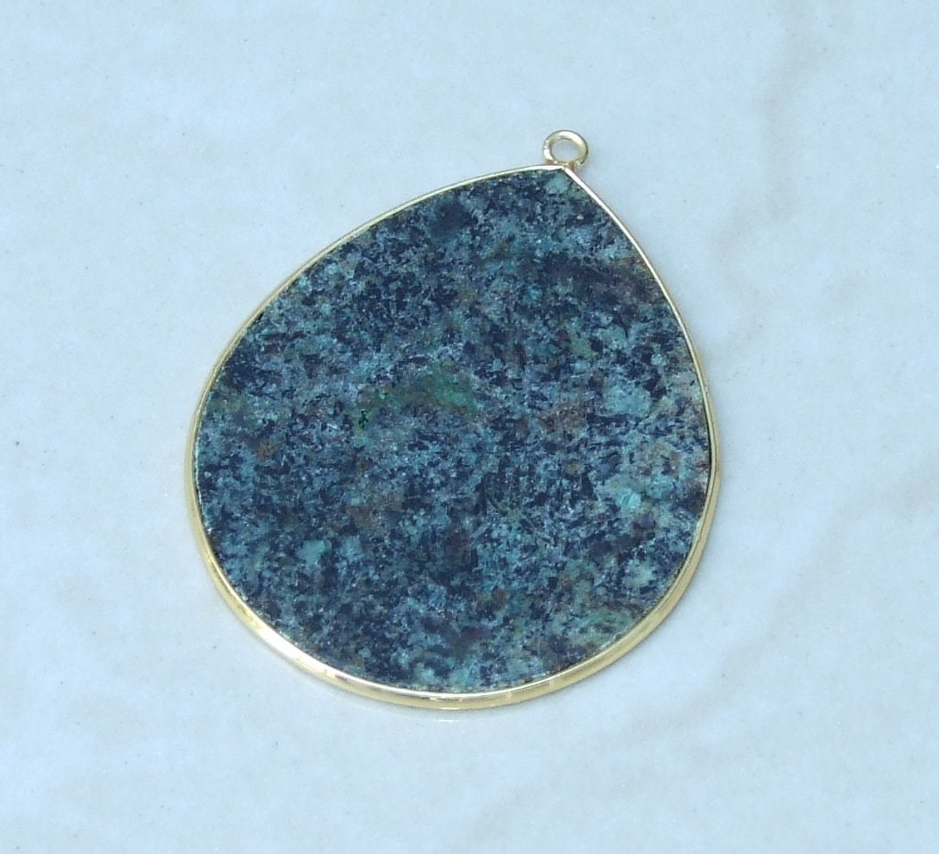 African Turquoise Pendant, Gemstone Pendant, Slice Pendant, Gold Plated Bezel and Bail, Teardrop Pendant, Thin and Polished - 32mm x 38mm - EDGBeadsandGems