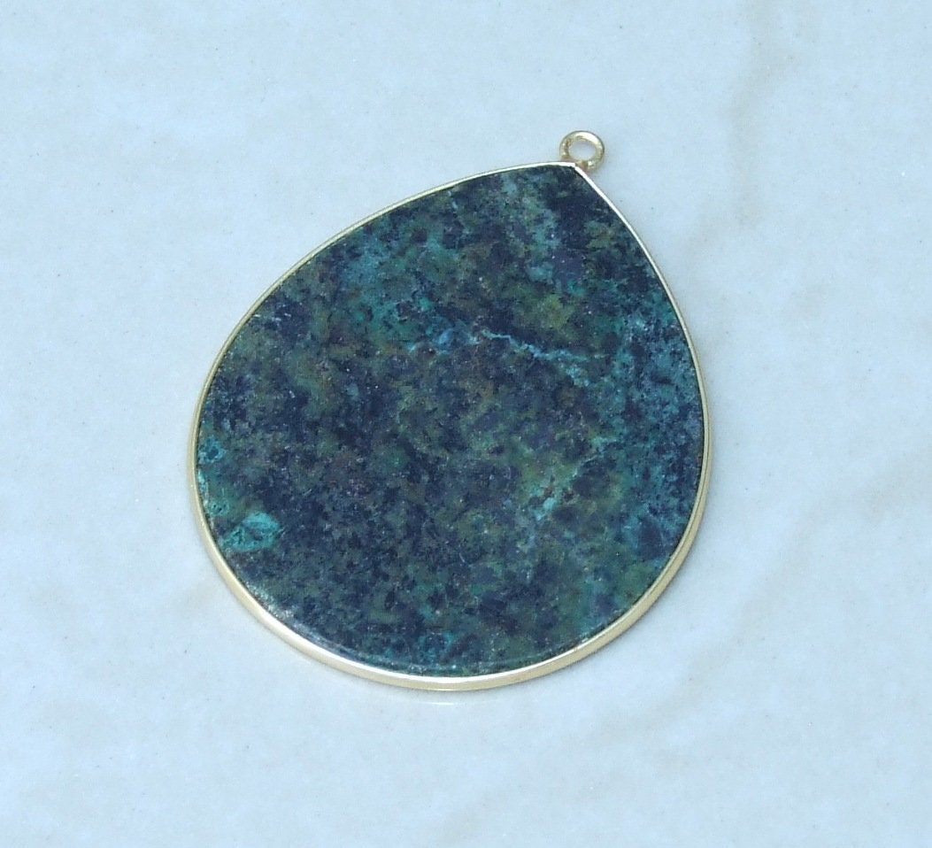 African Turquoise Pendant, Gemstone Pendant, Slice Pendant, Gold Plated Bezel and Bail, Teardrop Pendant, Thin and Polished - 32mm x 38mm - EDGBeadsandGems