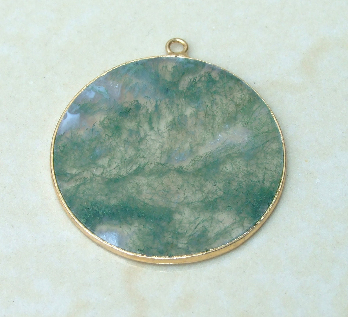 Moss Agate Pendant, Gemstone Pendant, Thin Agate Slice, Polished Agate, Round, Gold Bezel, Jewelry Stones, Necklace Pendant, 32mm - EDGBeadsandGems