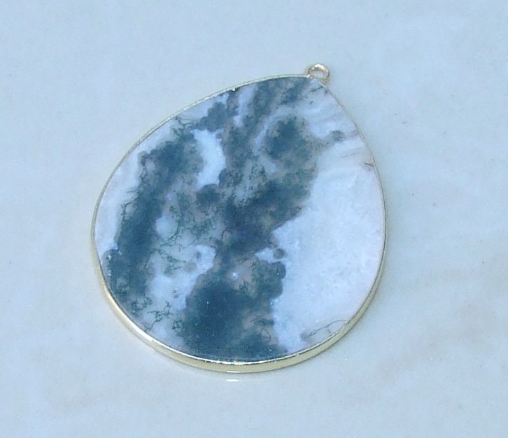 Moss Agate Pendant, Gemstone Pendant, Thin Polished Agate Slice, Teardrop, Gold Bezel, Jewelry Stones, Necklace Pendant, 30mm x 38mm - EDGBeadsandGems