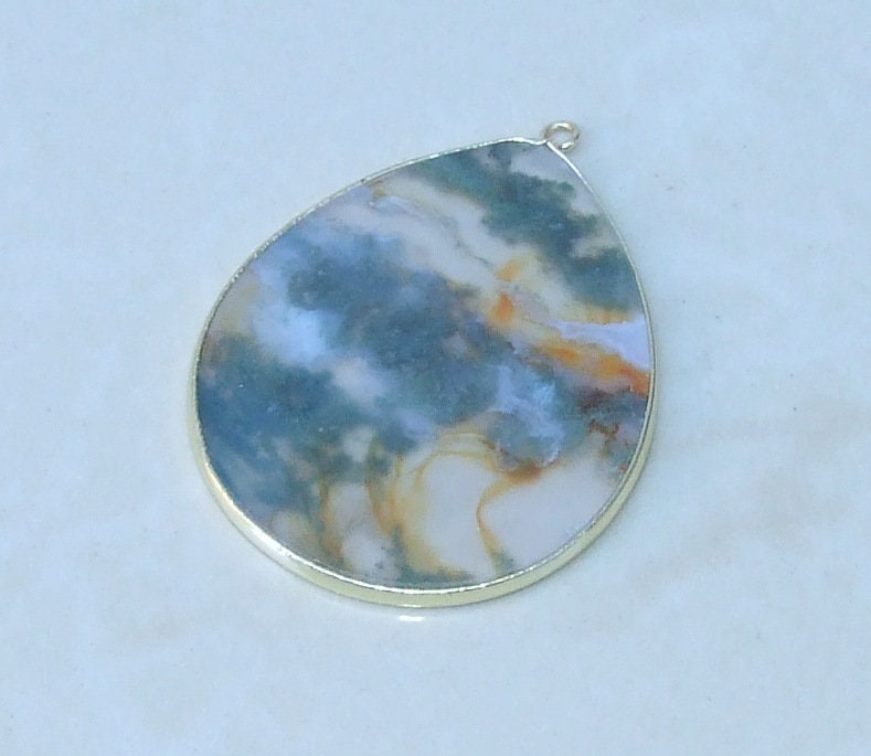 Moss Agate Pendant, Gemstone Pendant, Thin Polished Agate Slice, Teardrop, Gold Bezel, Jewelry Stones, Necklace Pendant, 30mm x 38mm - EDGBeadsandGems