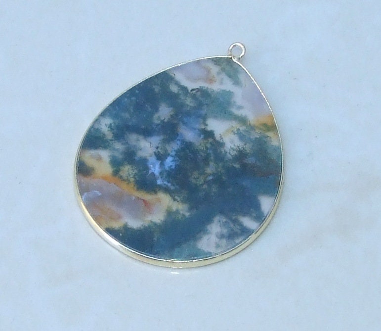 Moss Agate Pendant, Gemstone Pendant, Thin Polished Agate Slice, Teardrop, Gold Bezel, Jewelry Stones, Necklace Pendant, 30mm x 38mm - EDGBeadsandGems