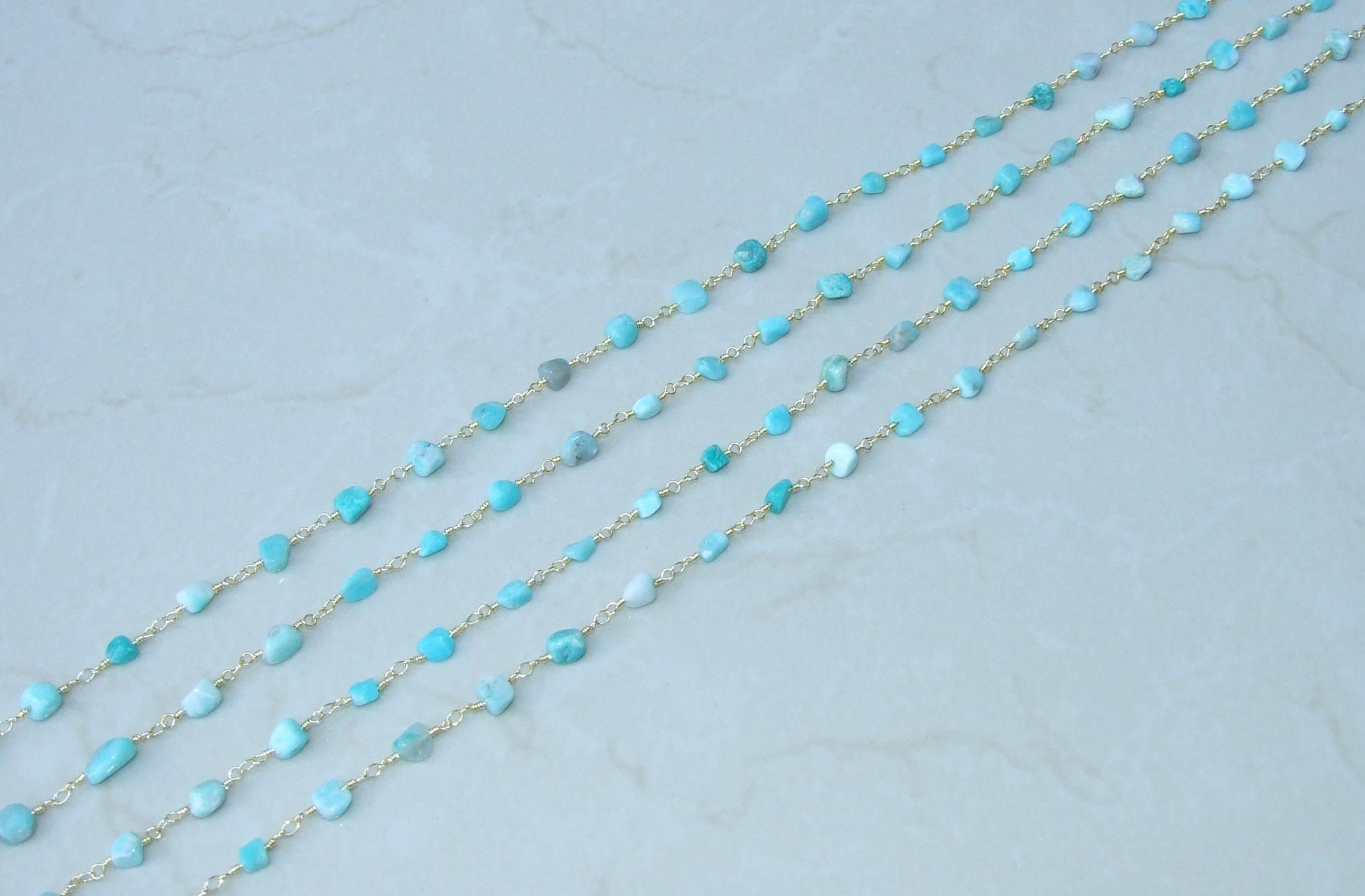 Natural AMAZONITE Beaded ROSARY Gold Nugget CHAIN By The Foot, Gold Plated Wire Wrapped Bulk Chain For Jewelry Making, Good Energy Gift 9mm - EDGBeadsandGems