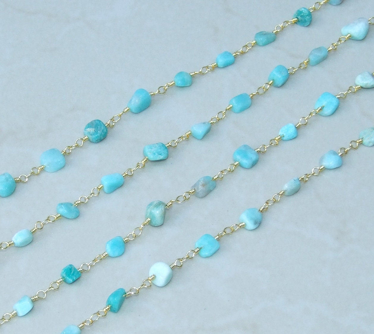 Natural AMAZONITE Beaded ROSARY Gold Nugget CHAIN By The Foot, Gold Plated Wire Wrapped Bulk Chain For Jewelry Making, Good Energy Gift 9mm - EDGBeadsandGems