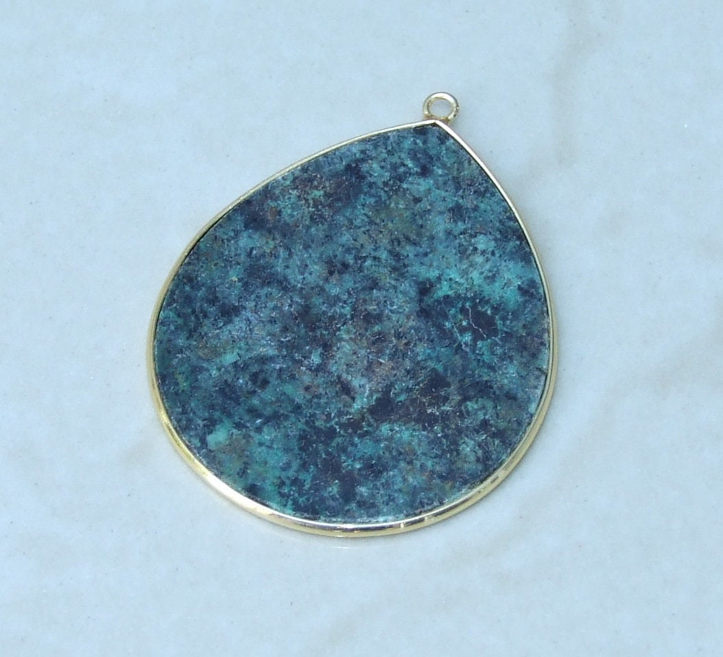 African Turquoise Pendant, Gemstone Pendant, Slice Pendant, Gold Plated Bezel and Bail, Teardrop Pendant, Thin and Polished - 32mm x 38mm - EDGBeadsandGems