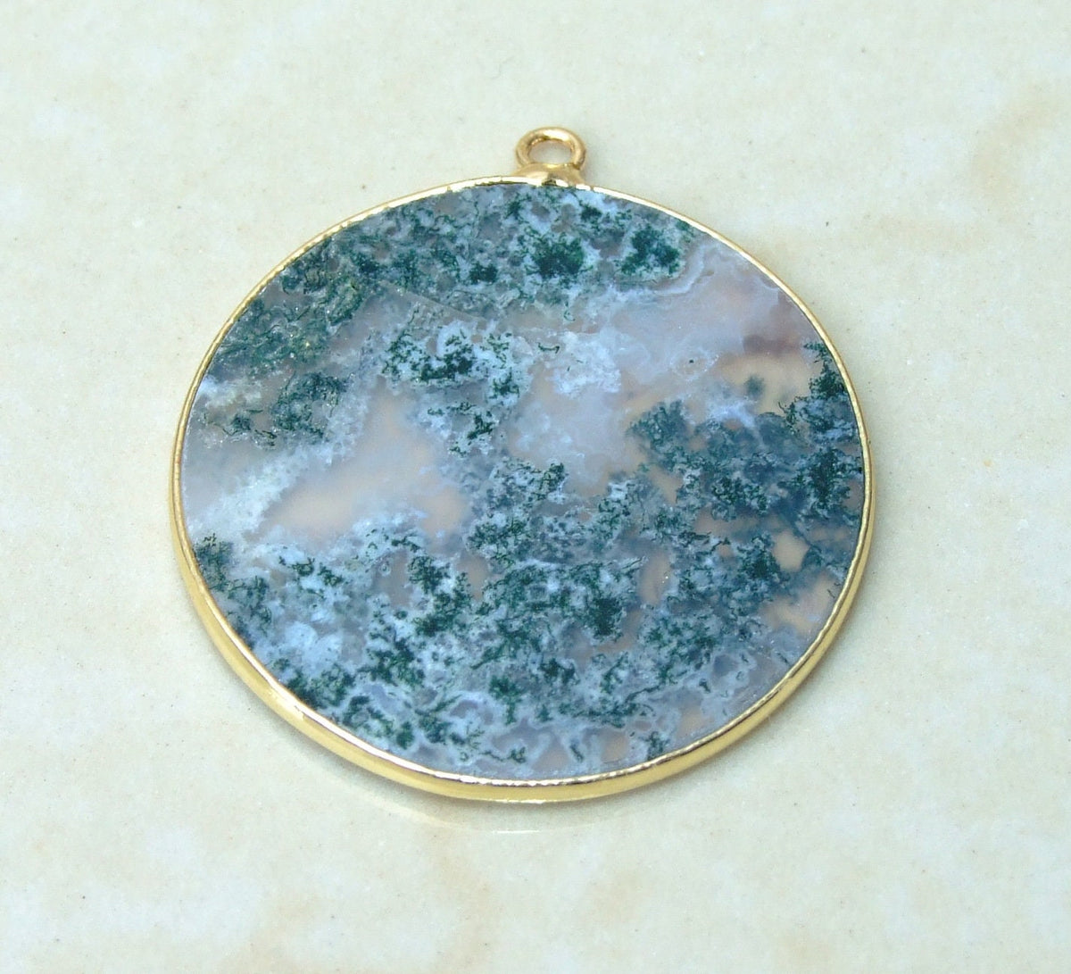 Moss Agate Pendant, Gemstone Pendant, Thin Agate Slice, Polished Agate, Round, Gold Bezel, Jewelry Stones, Necklace Pendant, 32mm - EDGBeadsandGems