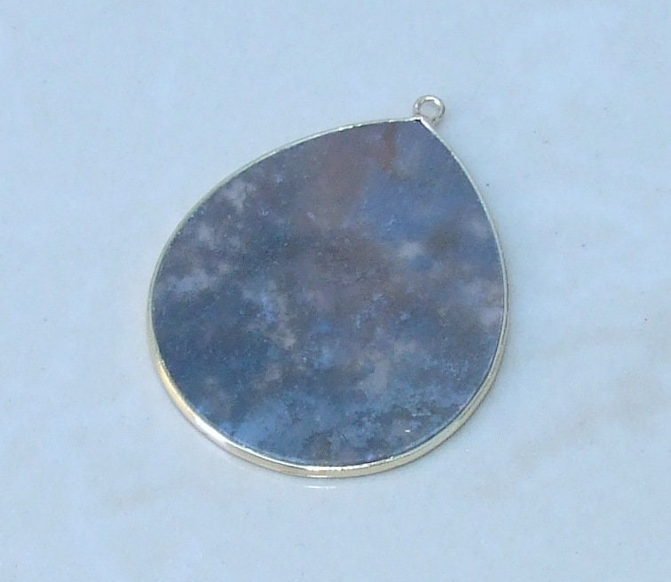 Moss Agate Pendant, Gemstone Pendant, Thin Polished Agate Slice, Teardrop, Gold Bezel, Jewelry Stones, Necklace Pendant, 30mm x 38mm - EDGBeadsandGems