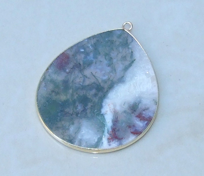 Moss Agate Pendant, Gemstone Pendant, Thin Polished Agate Slice, Teardrop, Gold Bezel, Jewelry Stones, Necklace Pendant, 30mm x 38mm - EDGBeadsandGems