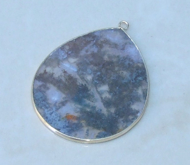 Moss Agate Pendant, Gemstone Pendant, Thin Polished Agate Slice, Teardrop, Gold Bezel, Jewelry Stones, Necklace Pendant, 30mm x 38mm - EDGBeadsandGems