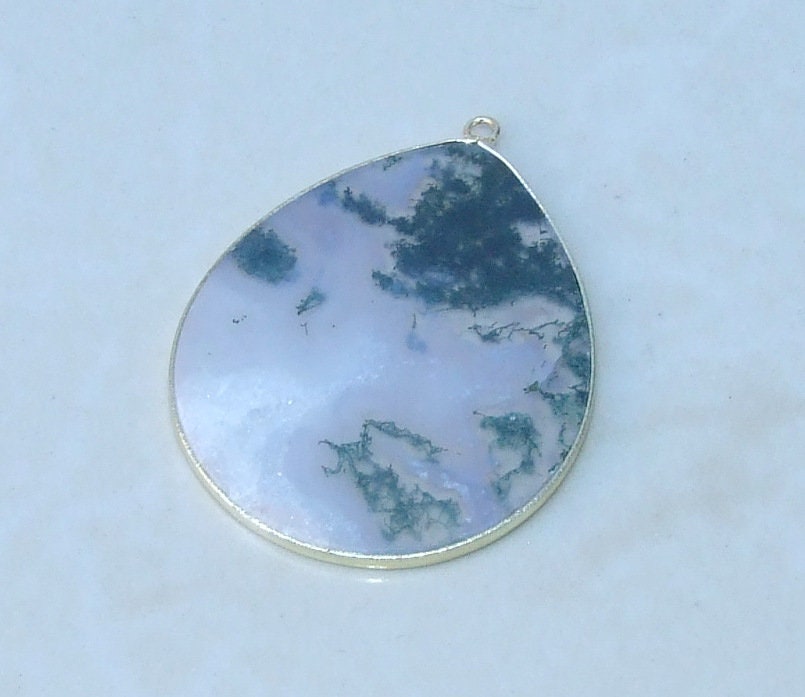 Moss Agate Pendant, Gemstone Pendant, Thin Polished Agate Slice, Teardrop, Gold Bezel, Jewelry Stones, Necklace Pendant, 30mm x 38mm - EDGBeadsandGems