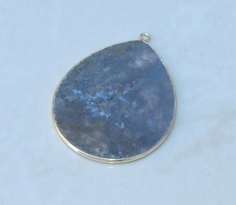 Moss Agate Pendant, Gemstone Pendant, Thin Polished Agate Slice, Teardrop, Gold Bezel, Jewelry Stones, Necklace Pendant, 30mm x 38mm - EDGBeadsandGems