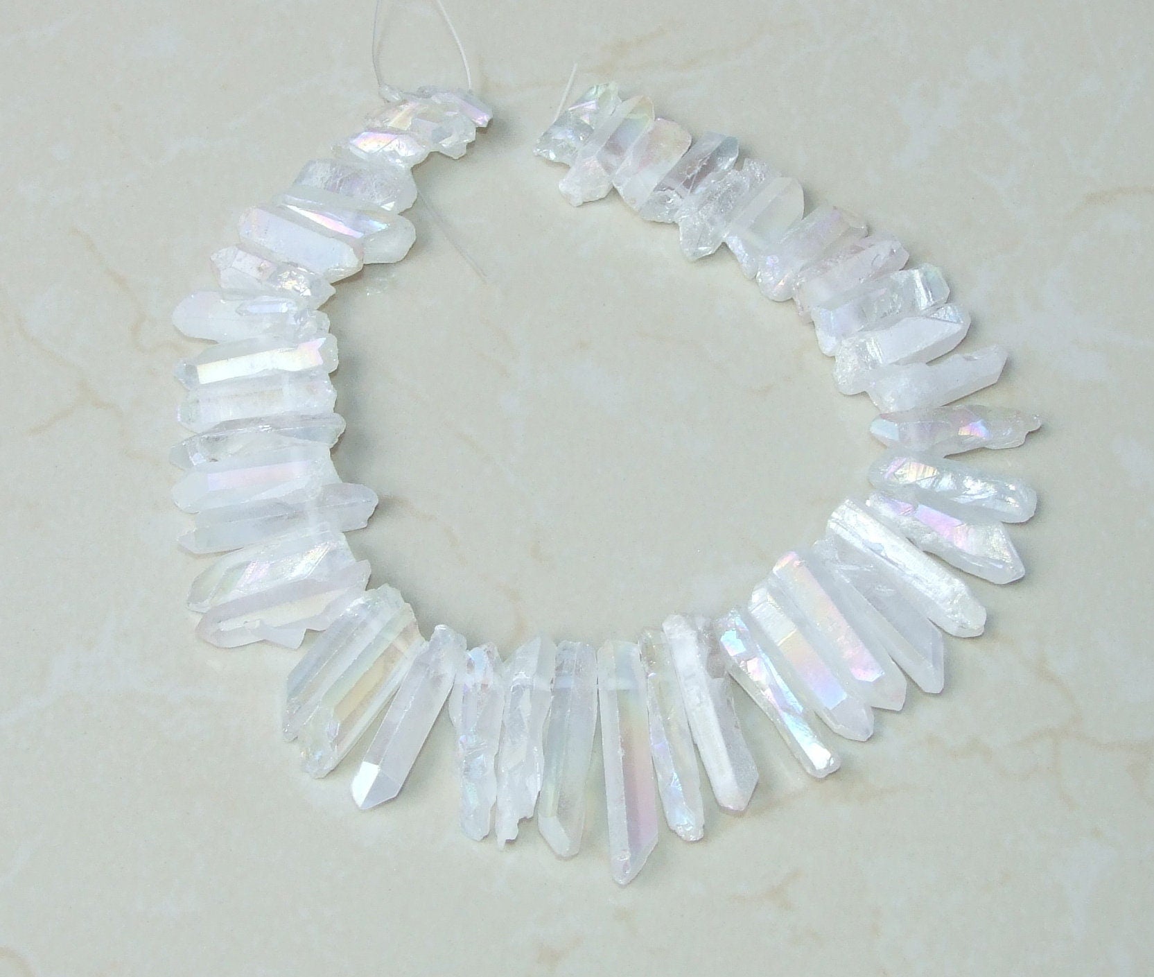 Clear AB Titanium Quartz Cluster Point, Angel Aura Points Strand, Raw Quartz Points Drilled, Quartz Crystals Points Strand of Beads 20-40mm - EDGBeadsandGems