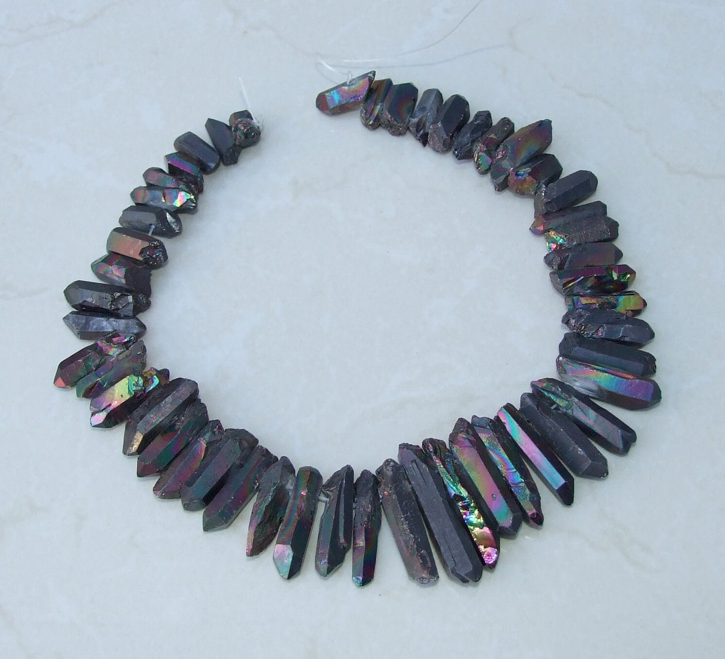 Black Angel Aura Quartz Cluster Point, AB Titanium Quartz Points Strand, Raw Quartz Points Drilled, Quartz Crystals Points Strand of Bead - EDGBeadsandGems
