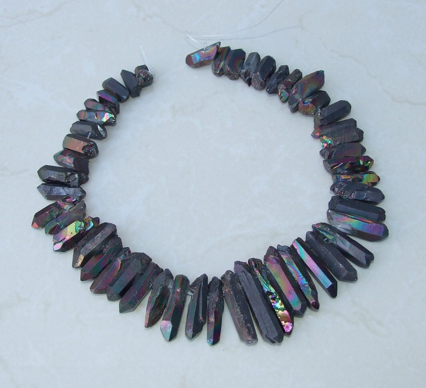 Black Angel Aura Quartz Cluster Point, AB Titanium Quartz Points Strand, Raw Quartz Points Drilled, Quartz Crystals Points Strand of Bead - EDGBeadsandGems