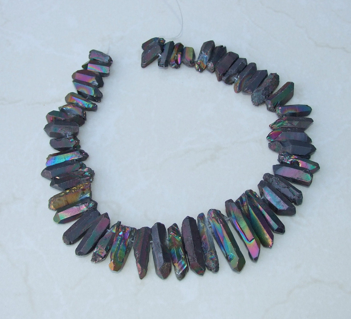Black Angel Aura Quartz Cluster Point, AB Titanium Quartz Points Strand, Raw Quartz Points Drilled, Quartz Crystals Points Strand of Bead - EDGBeadsandGems