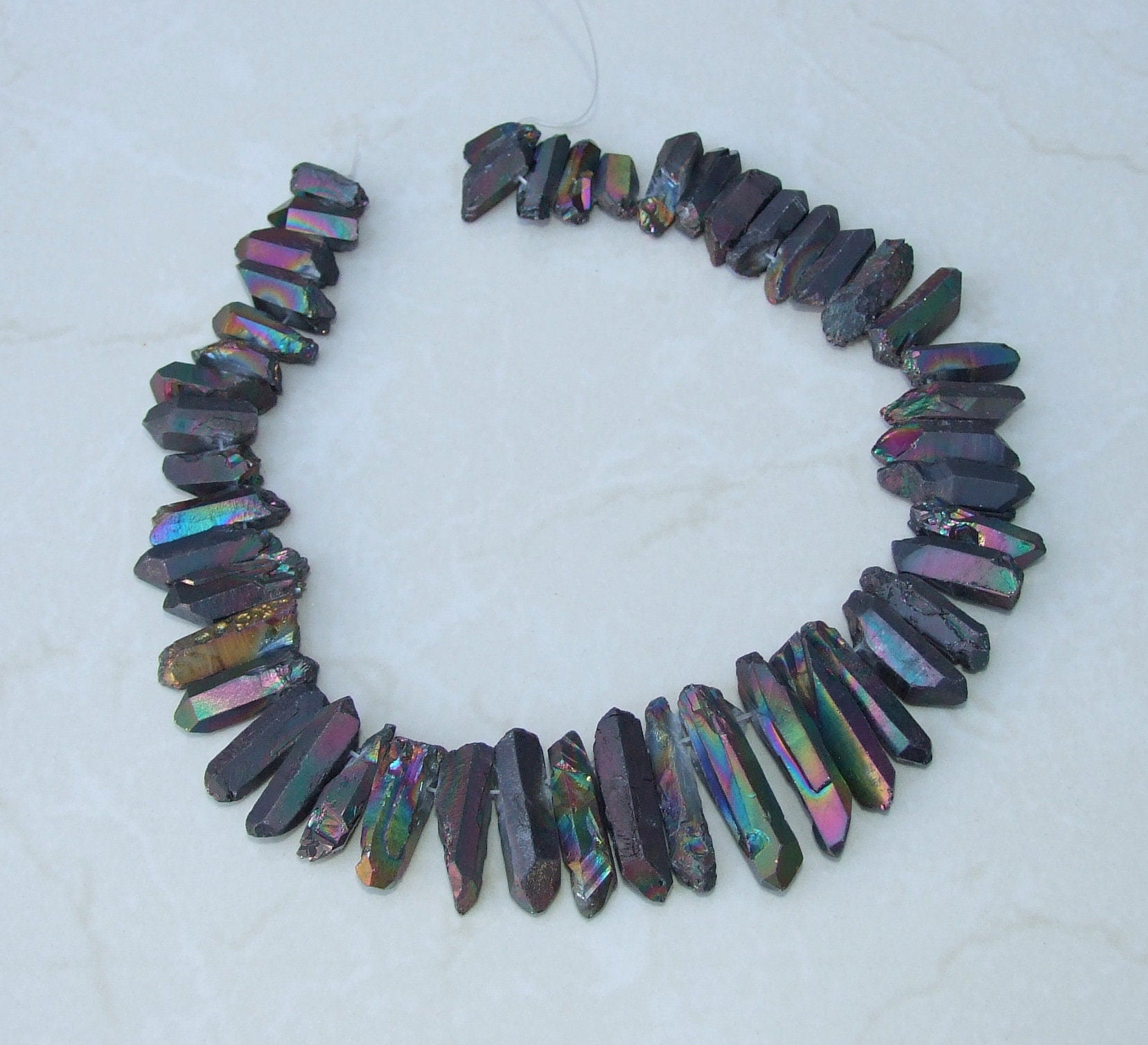 Black Angel Aura Quartz Cluster Point, AB Titanium Quartz Points Strand, Raw Quartz Points Drilled, Quartz Crystals Points Strand of Bead - EDGBeadsandGems