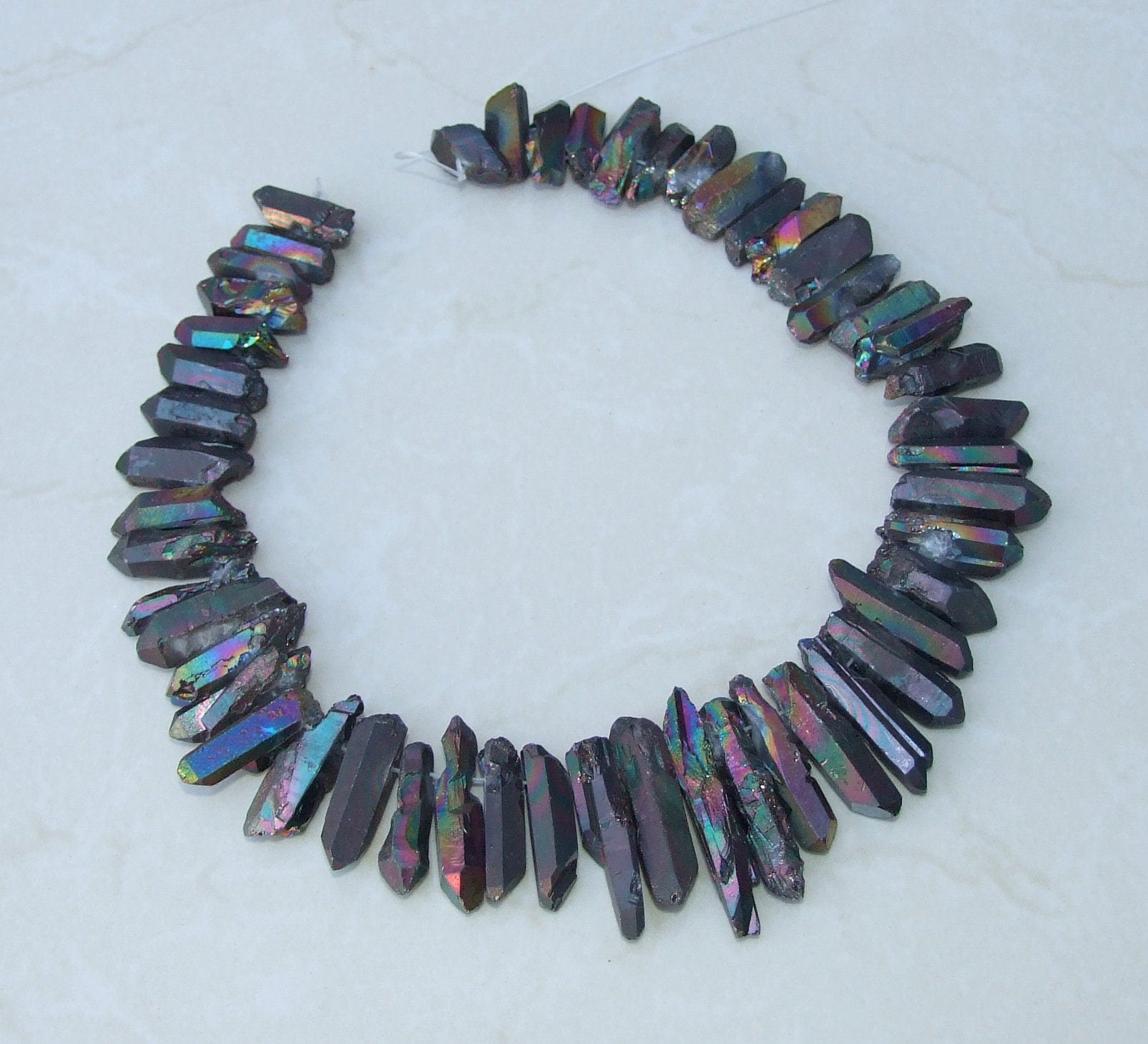 Black Angel Aura Quartz Cluster Point, AB Titanium Quartz Points Strand, Raw Quartz Points Drilled, Quartz Crystals Points Strand of Bead - EDGBeadsandGems