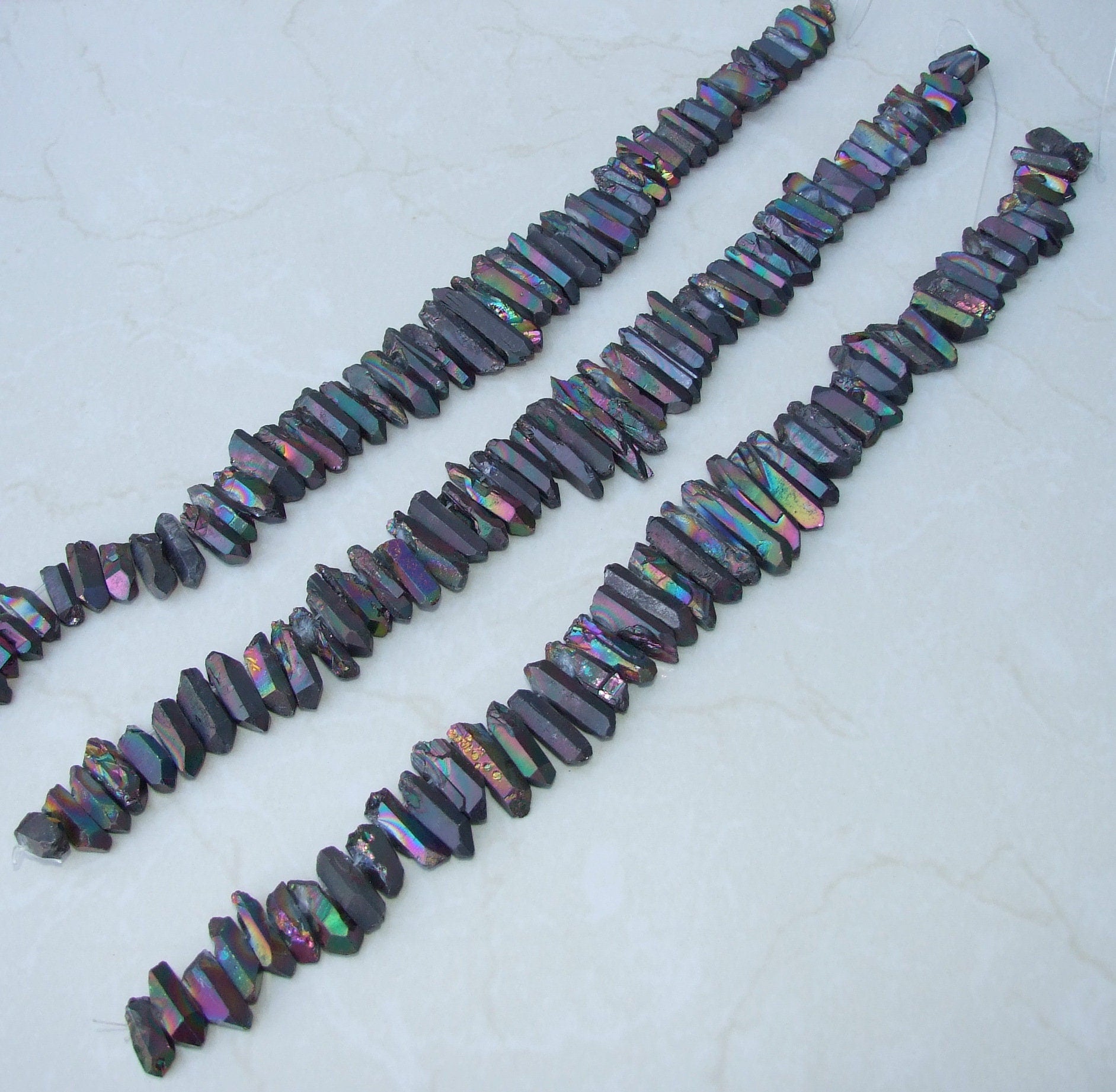 Black AB Titanium Quartz Cluster Point, Titanium Quartz Point Strand, Raw Quartz Points Drilled, Quartz Crystals Points Strand of Beads - EDGBeadsandGems