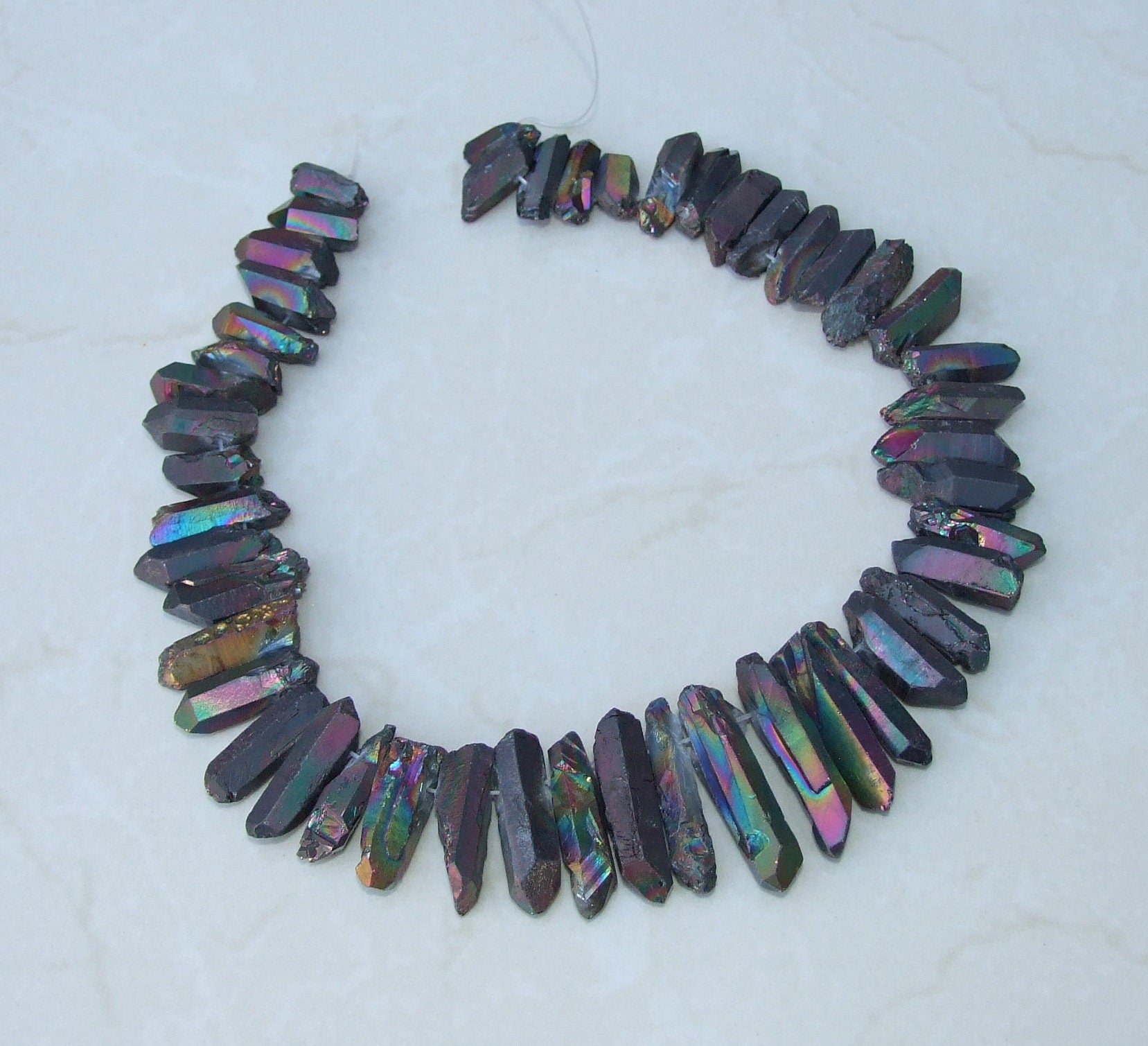 Black AB Titanium Quartz Cluster Point, Titanium Quartz Point Strand, Raw Quartz Points Drilled, Quartz Crystals Points Strand of Beads - EDGBeadsandGems