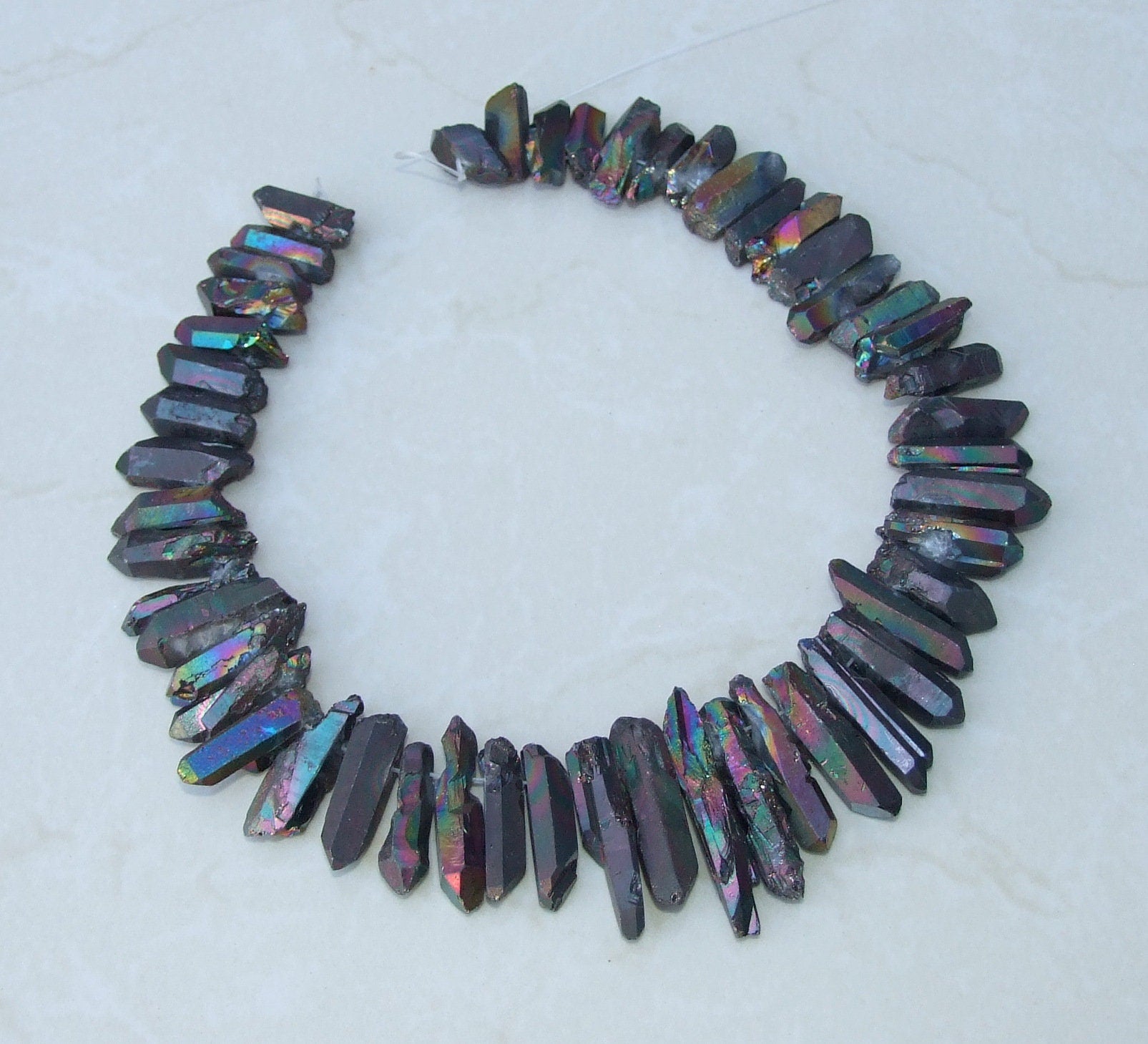 Black AB Titanium Quartz Cluster Point, Titanium Quartz Point Strand, Raw Quartz Points Drilled, Quartz Crystals Points Strand of Beads - EDGBeadsandGems