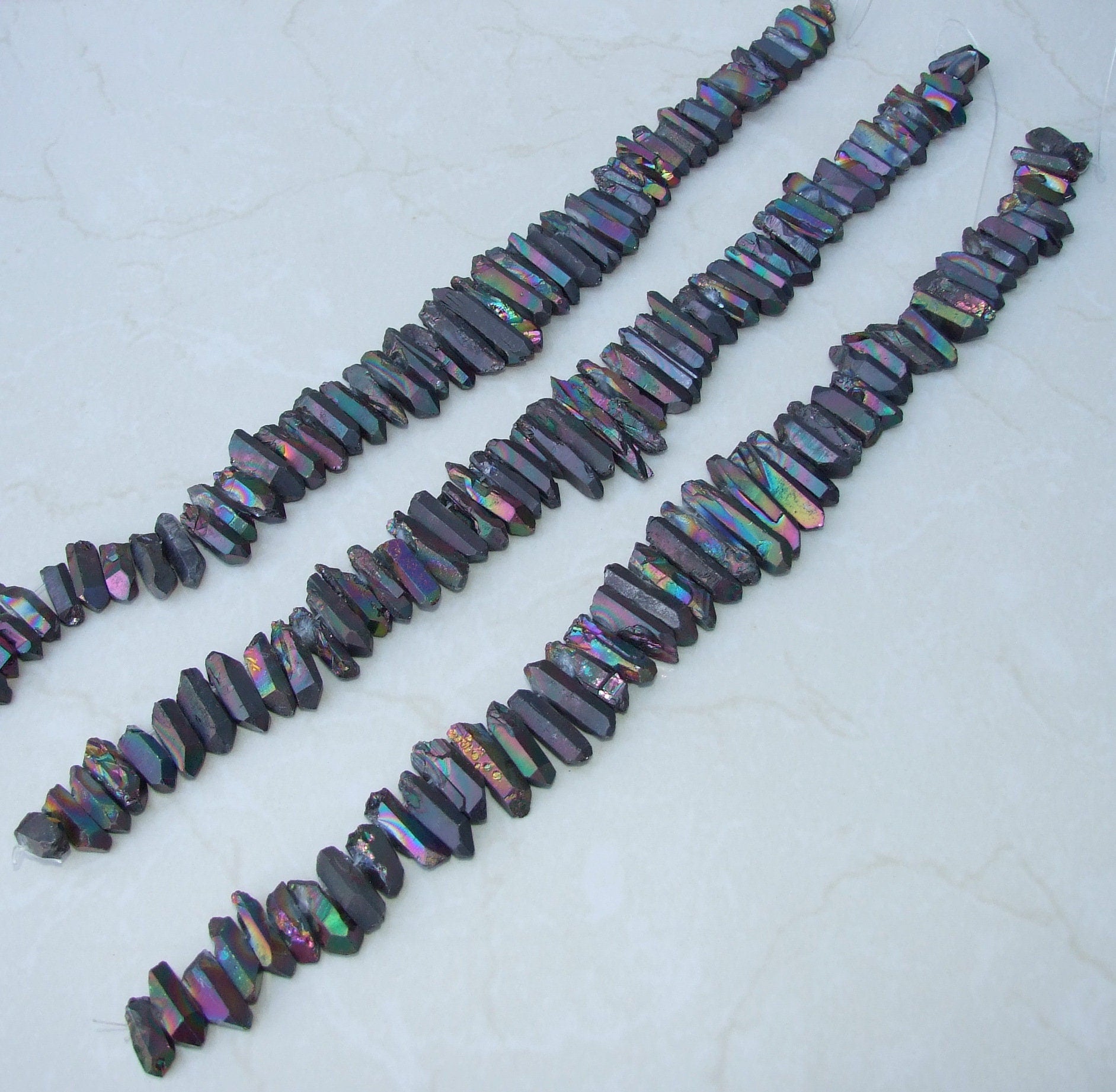 Black Angel Aura Quartz Cluster Point, AB Titanium Quartz Points Strand, Raw Quartz Points Drilled, Quartz Crystals Points Strand of Bead - EDGBeadsandGems