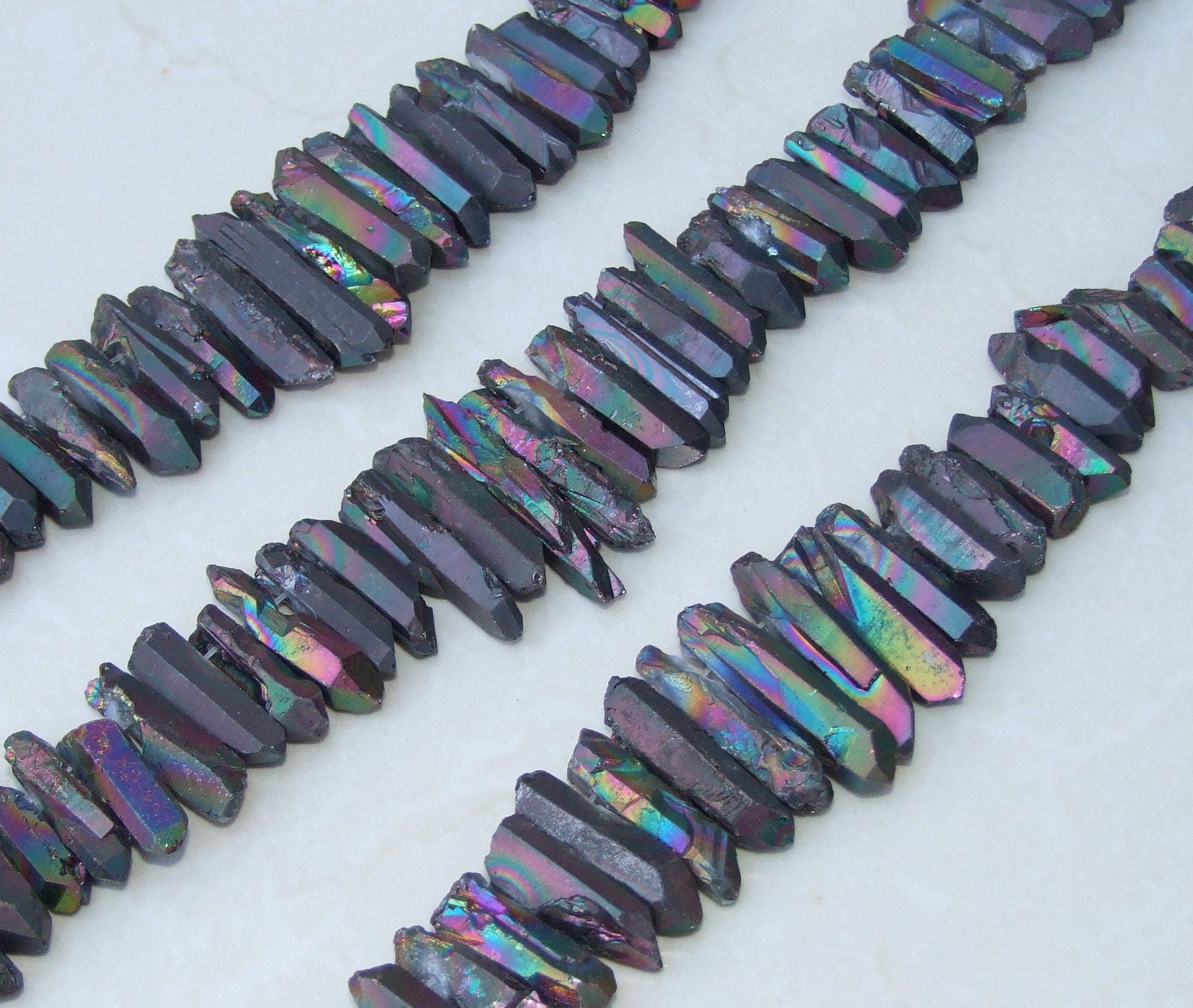 Black Angel Aura Quartz Cluster Point, AB Titanium Quartz Points Strand, Raw Quartz Points Drilled, Quartz Crystals Points Strand of Bead - EDGBeadsandGems