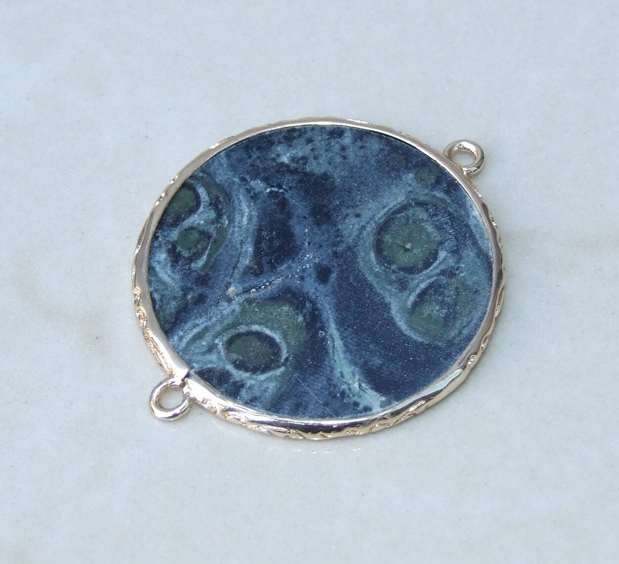 Kambaba Jasper Connector, Gemstone Pendant, Fossilized Algae Slice, Thin, Polished, Round, Gemstone Beads, Filigree Bezel - 32mm - EDGBeadsandGems